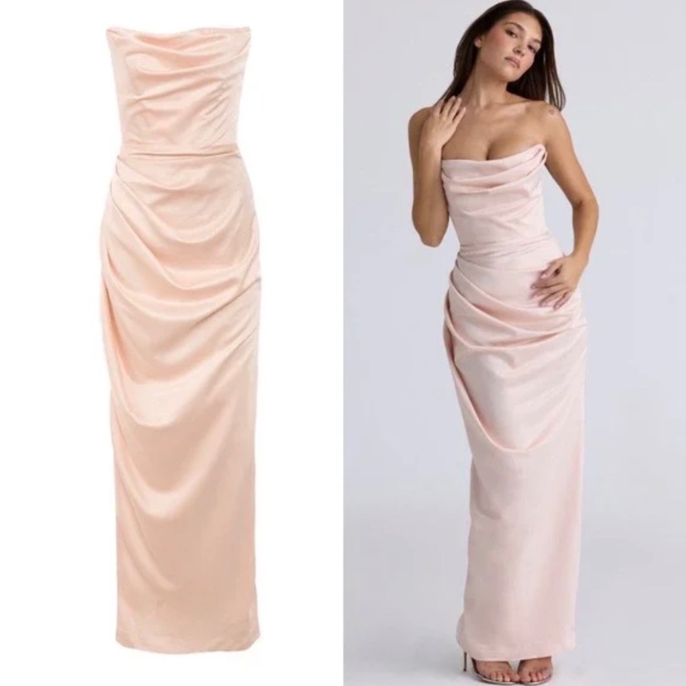 NWT‎ HOUSE OF CB Adrienne Satin Strapless Gown in Champagne- Size Small